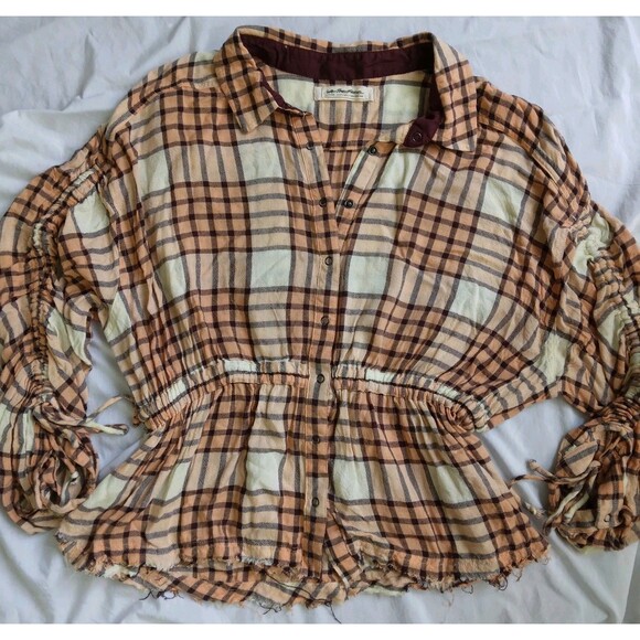 We The Free Pacific Dawn Peach Brown Plaid Button Down Top Boho Women's Shirt L - Picture 3 of 12
